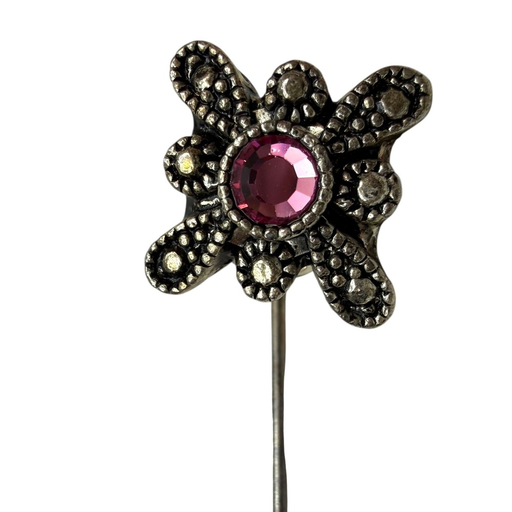 Vintage Pink Marcasite Rhinestone Hat Lapel Pin Brooch Flower Jewelry 3 1/4 in L
